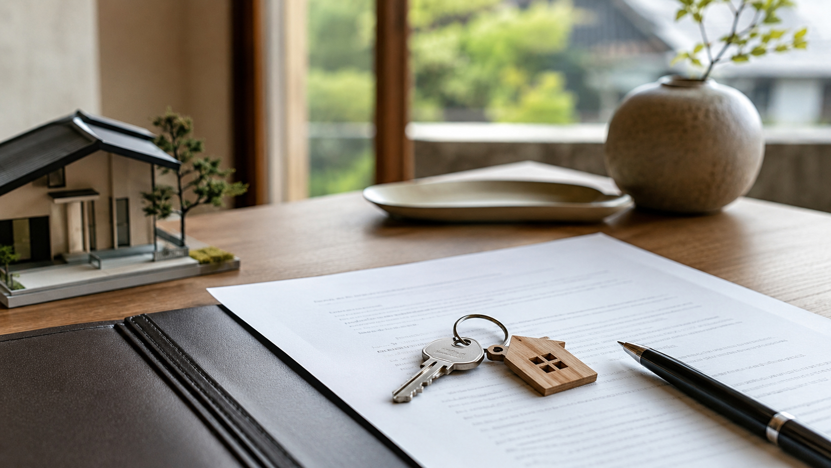 住宅の鍵と契約書。不動産販売を象徴する上品な写真。